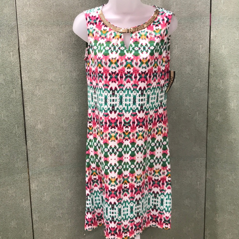 NWT Haani colorful lightweight Dress w gold detail